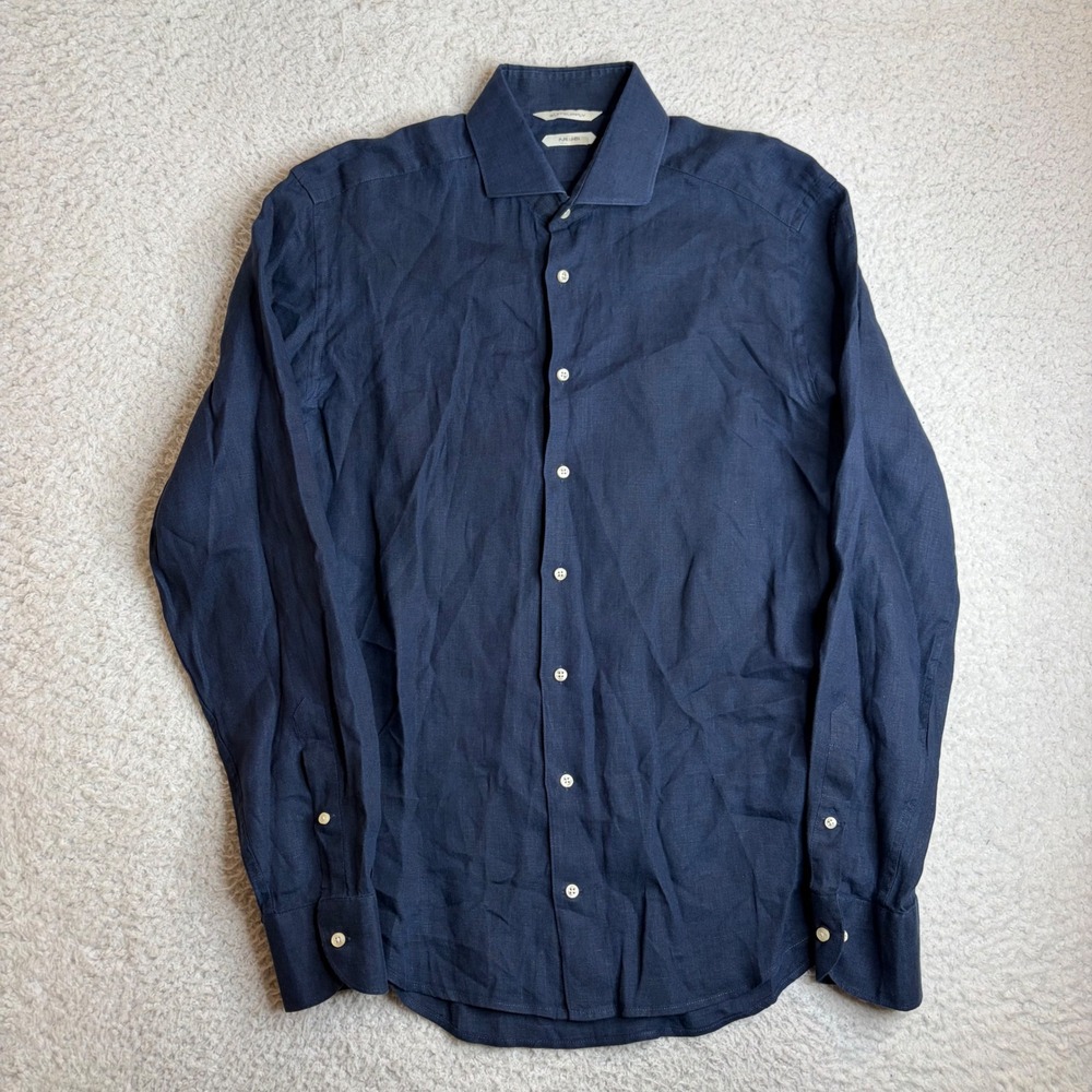 Suitsupply Navy Blue Pure Linen Slim Fit Button Down Shirt Mens 16 41